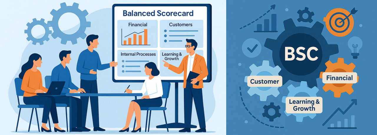 کارت امتیازی متوازن (Balanced Scorecard - BSC) در یک تصویر مفهومی با چهار بُعد اصلی مالی، مشتری، فرآیندهای داخلی و یادگیری و رشد